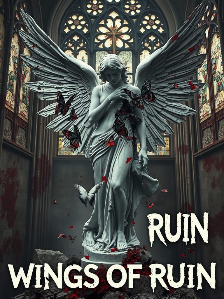 Angel Statue with Butterfly Wing in Gothic Ruins