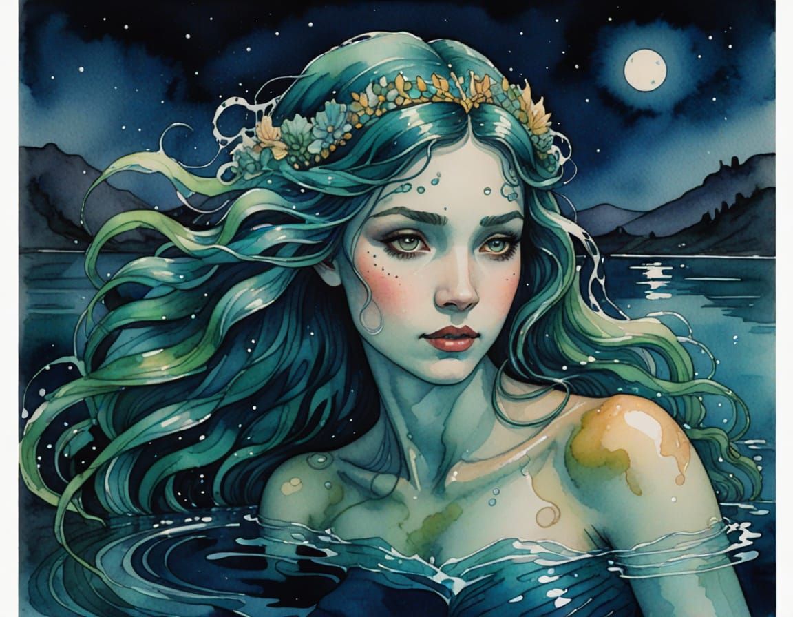 Ethereal Mermaid Emerges from Lagoon's Dark Depths in Art No...