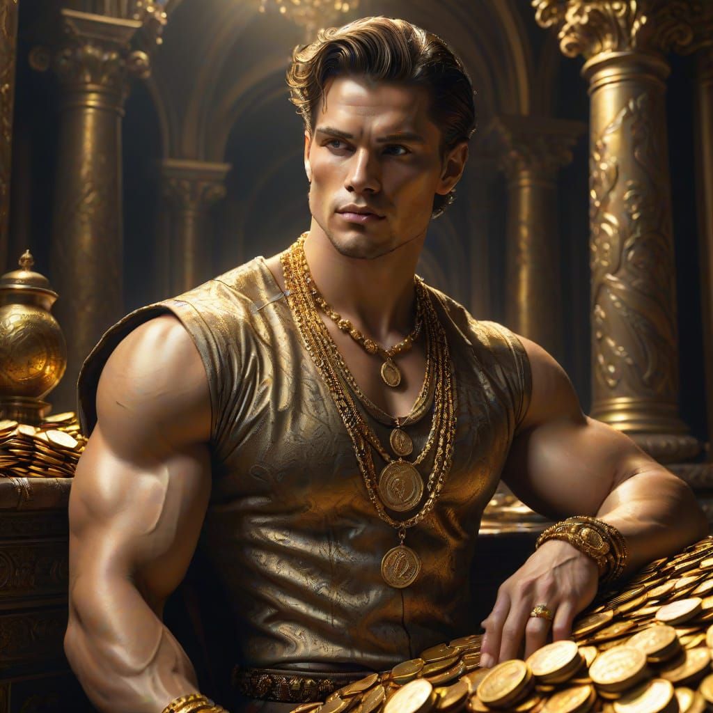 Handsome Young Man Surrounded by Opulent Treasures in Baroqu...