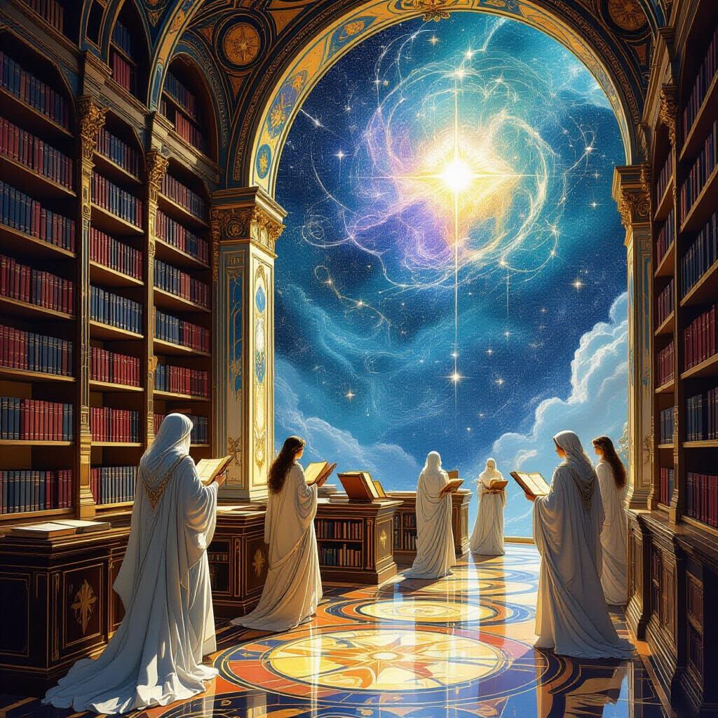 Celestial Library in Space, Art Nouveau Style
