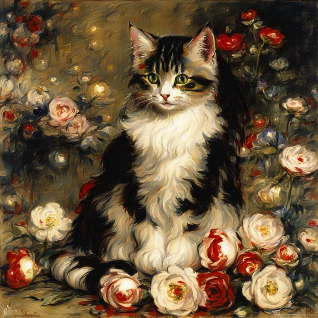 Cute Cat Portrait with Flowers in Shannon Style
