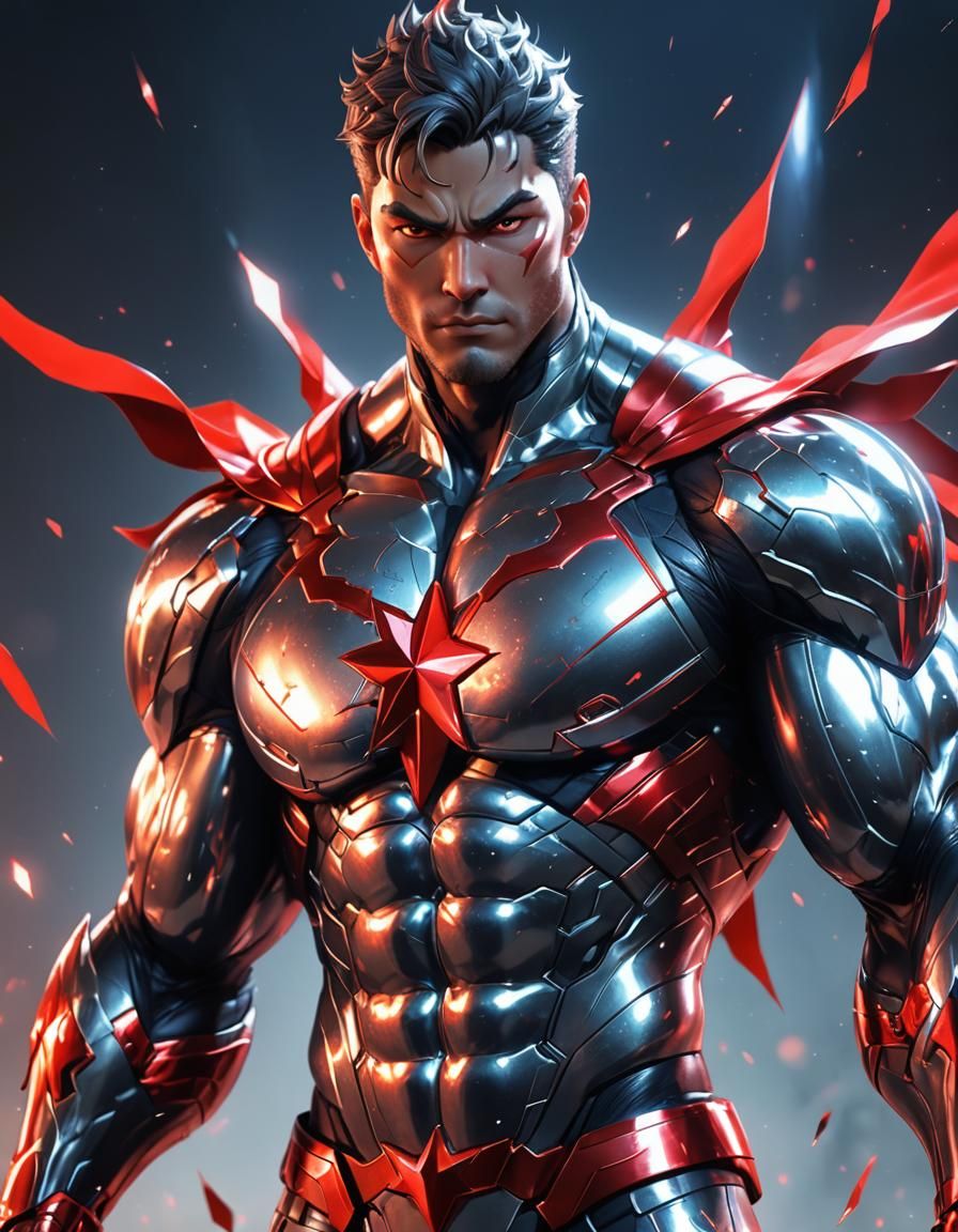 Metallic Superhero with Red Star in 3D Anime Art