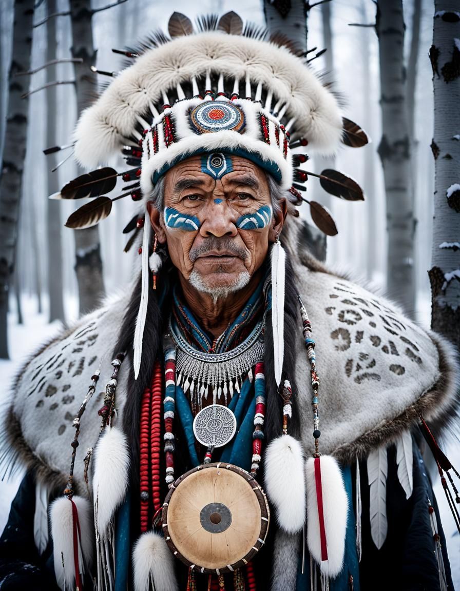 Environmental portrait:1.5) Photo of a weathered Siberian shaman with piercing eyes and an ornate fur headdress, clutchi...