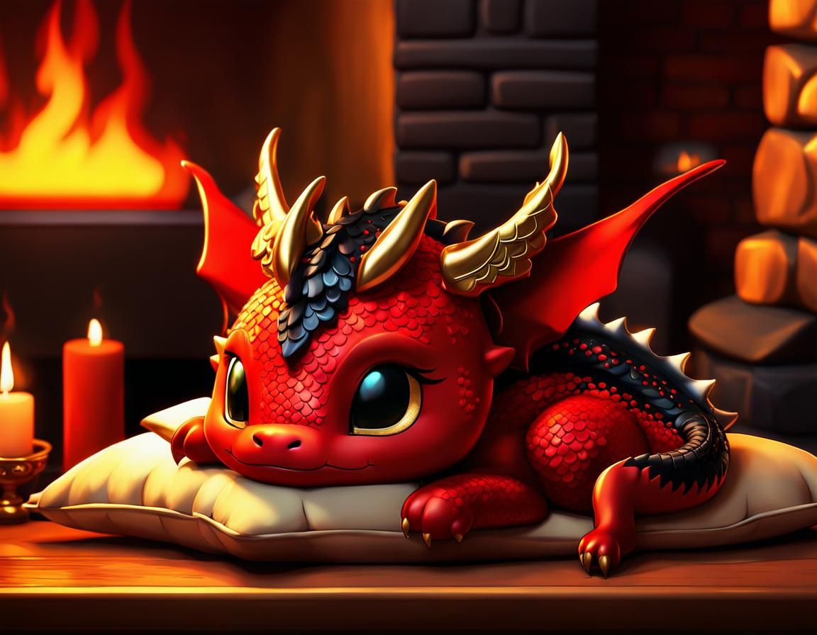 Cute chibi Red and black baby dragon sleeping on a gold pillow next to fireplace. Cute adorable animated fantasy masterp...