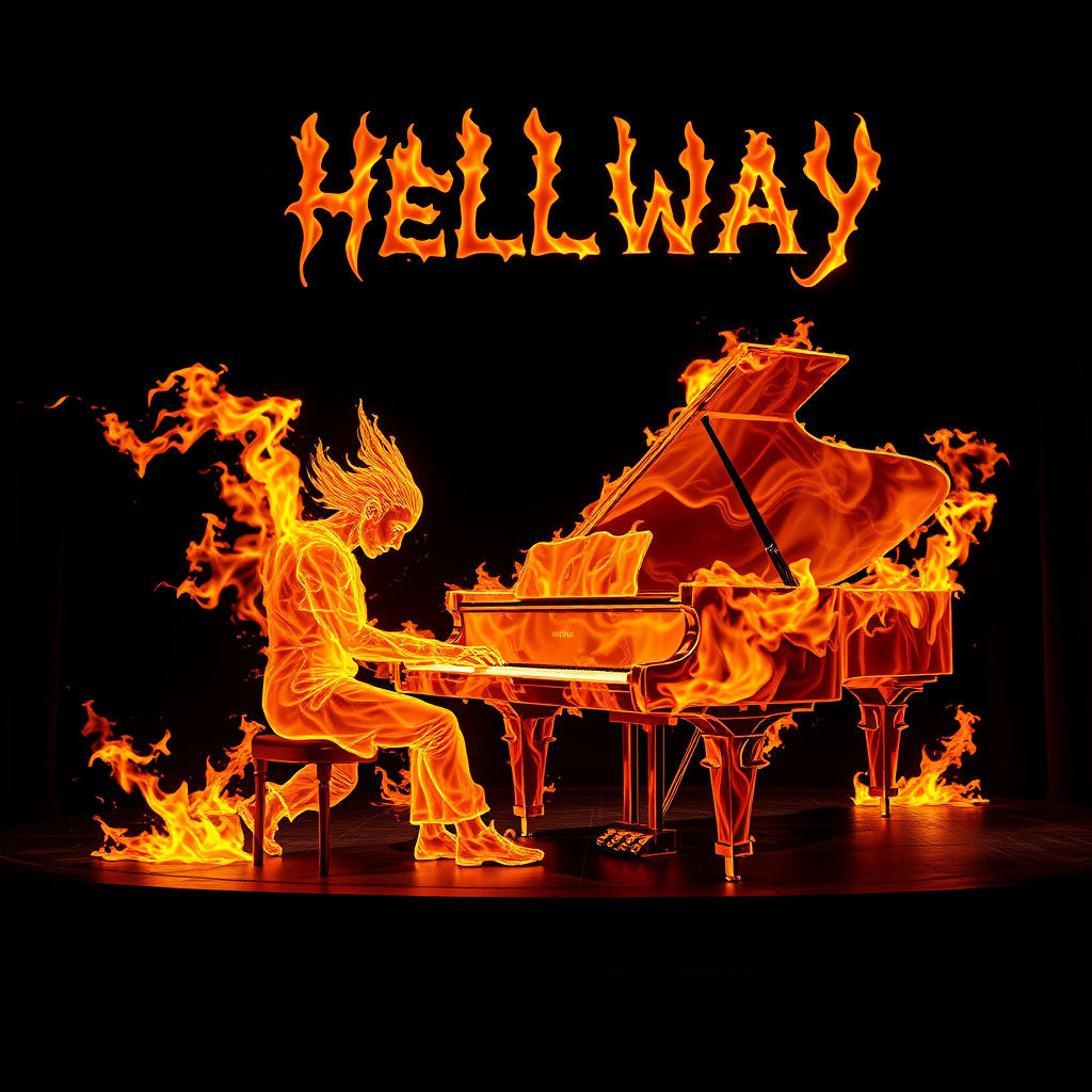 Flaming Pianist Plays Hellway Stage: Hyperrealistic 3D Art