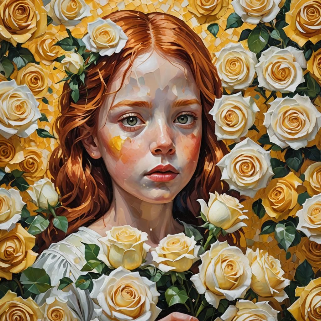 Redhead Girl Eats Roses in Neo-Impressionism Oil Painting
