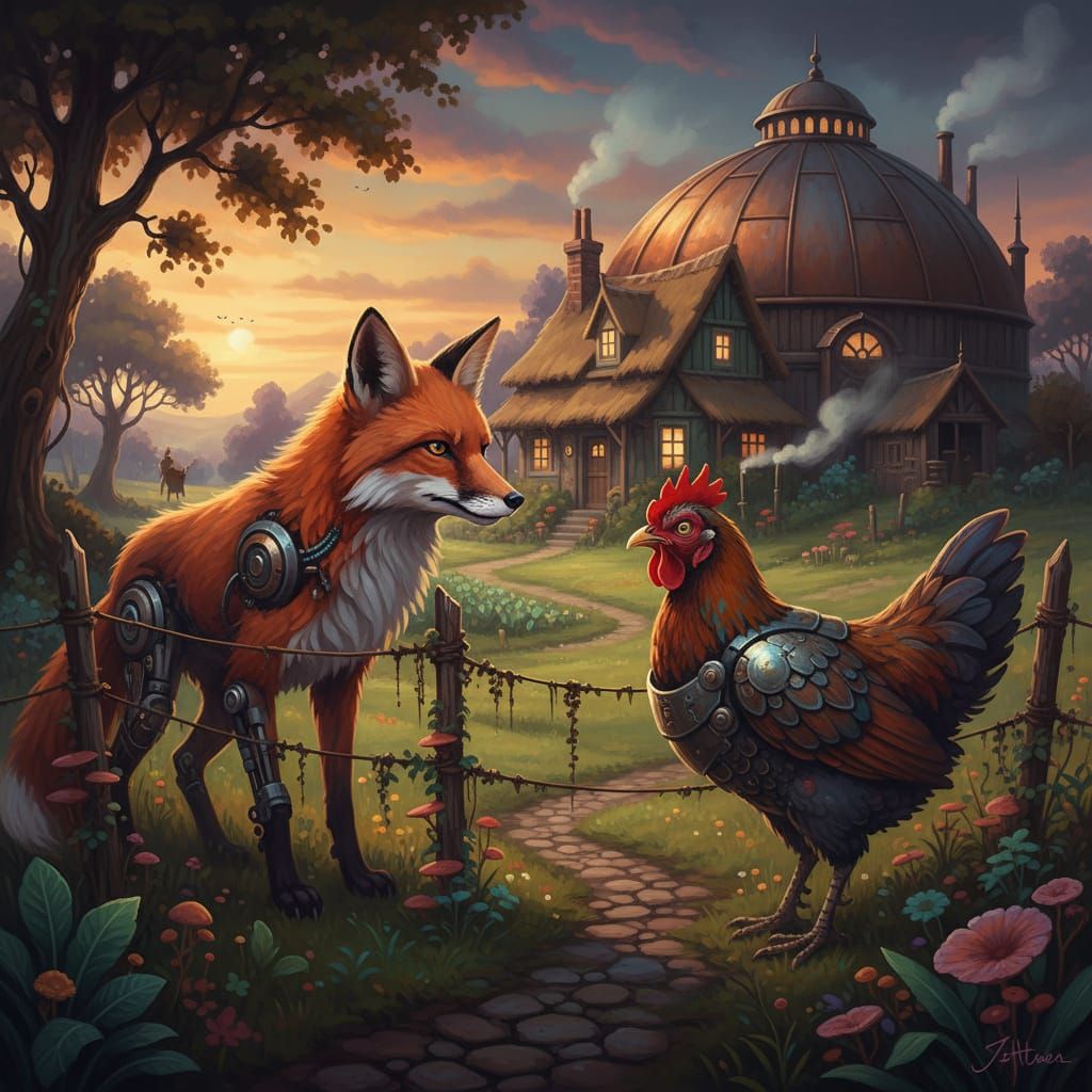 Fox and Hen Face Off in Detailed Matte Farmyard