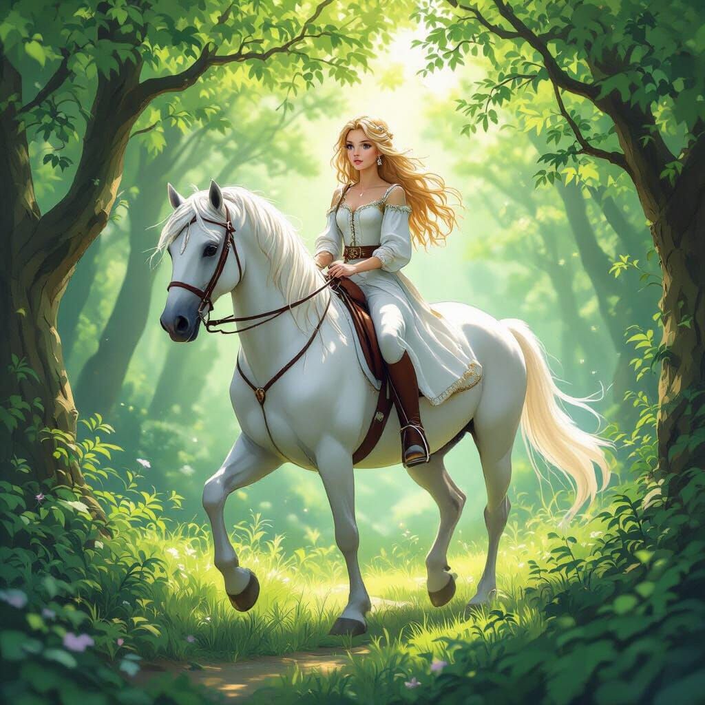 Blond Prince Leads White Stallion with Brunette Rider in Enc...