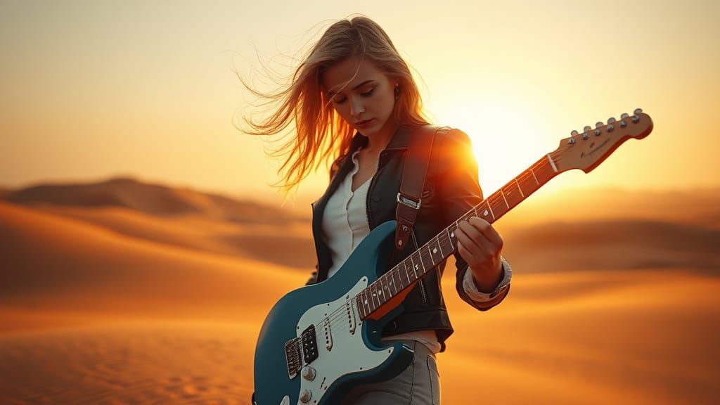 Woman Playing Guitar in Desert Sunset: Photorealistic Scene