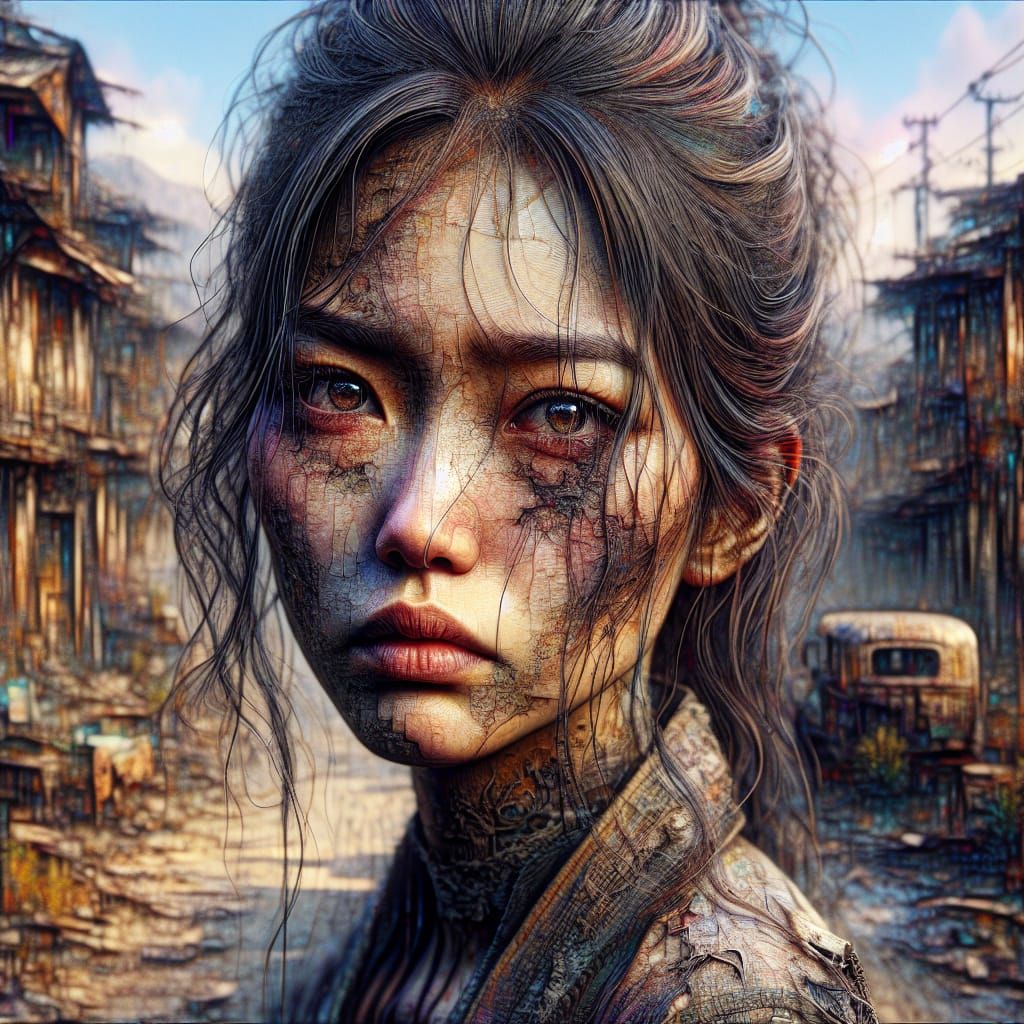 Distressed Girl in Post-Apocalyptic Town Portrait