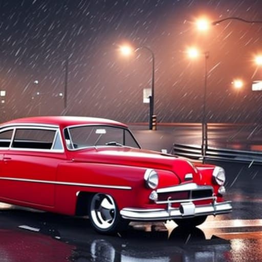 Vintage Car in Rain, Hyperrealistic Concept Art