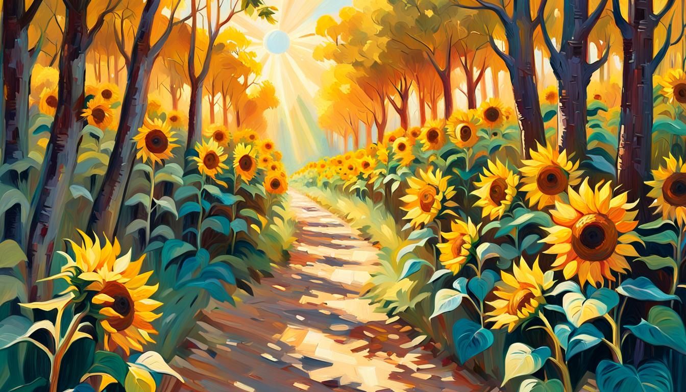 Sunlit Sunflower Path as Oil Painting