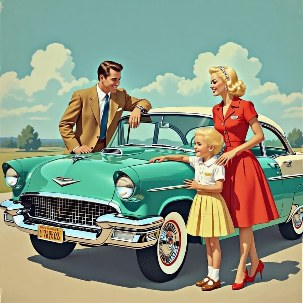 1950s Family Admires New Car in Retro Style