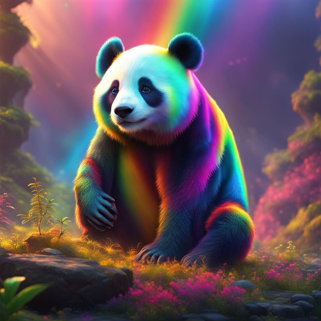 Vibrant Rainbow Panda Bear in Detailed Matte Painting