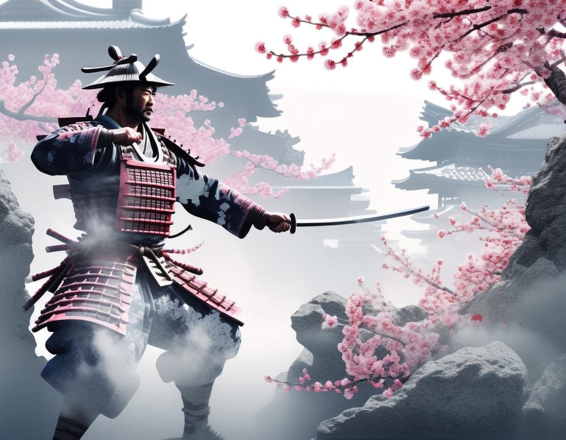 Shogun Silhouette with Cherry Blossoms