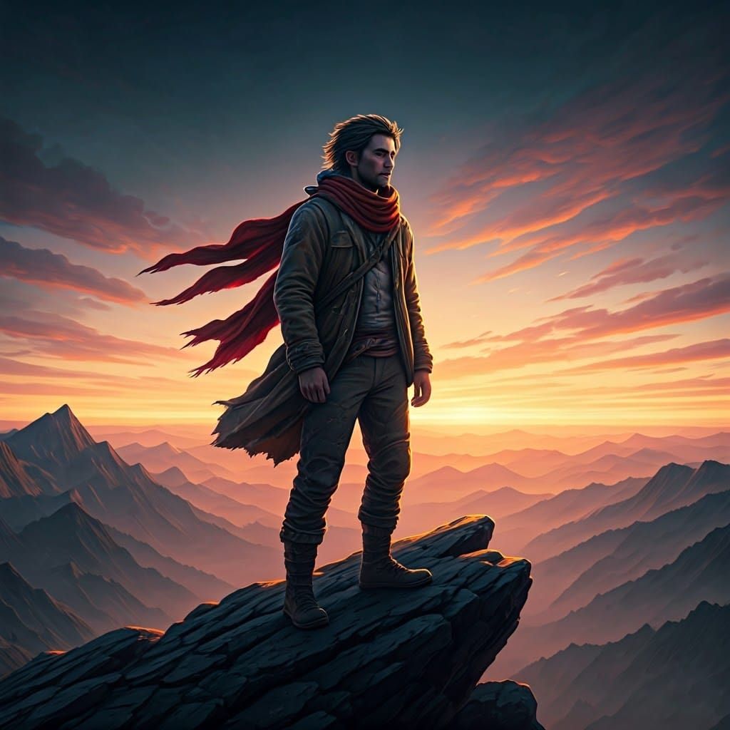 Lone Figure on Mountain Peak at Dusk