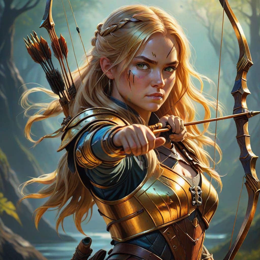 Fantasy Bow Hunter Woman in Oil Painting Style