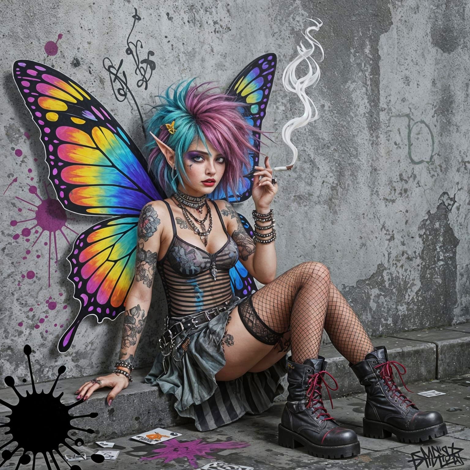 Punk Fairy with Butterfly Wings in Surreal Street Art