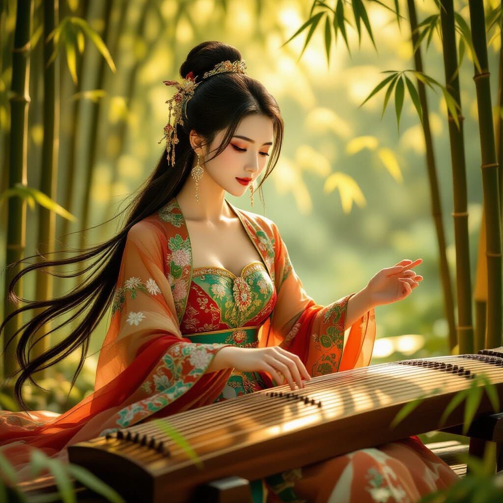 Ethereal Chinese Woman Playing Guzheng in Bamboo Forest