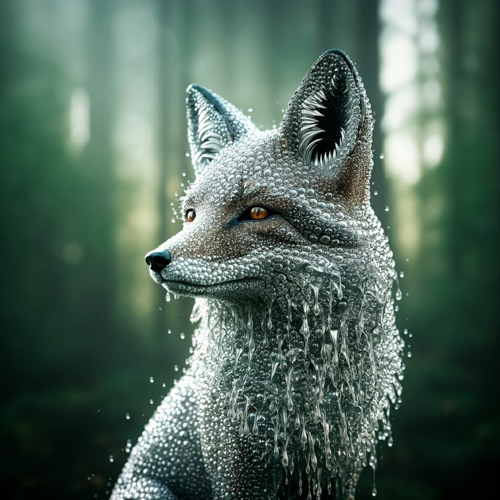 Surreal Silvery Fox Sculpture in Mosaic Raindrops