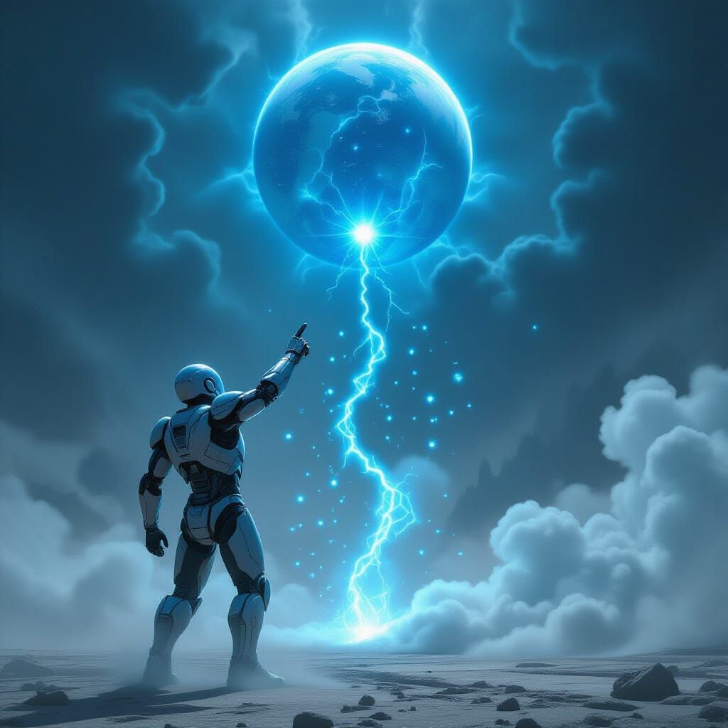 Mechanical Being Creates Planet with Blue Electricity
