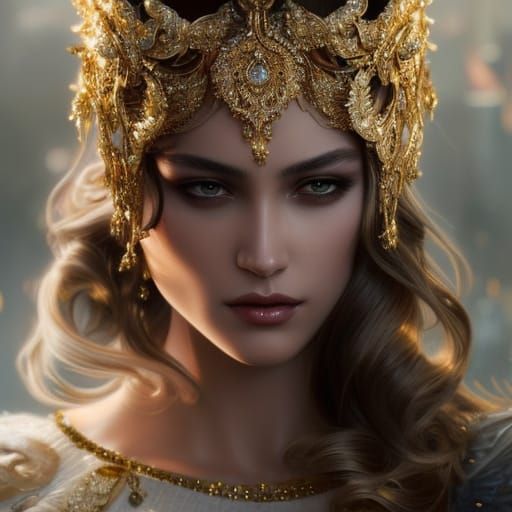 Extravagant Golden Crown in Hyperdetailed Digital Portrait