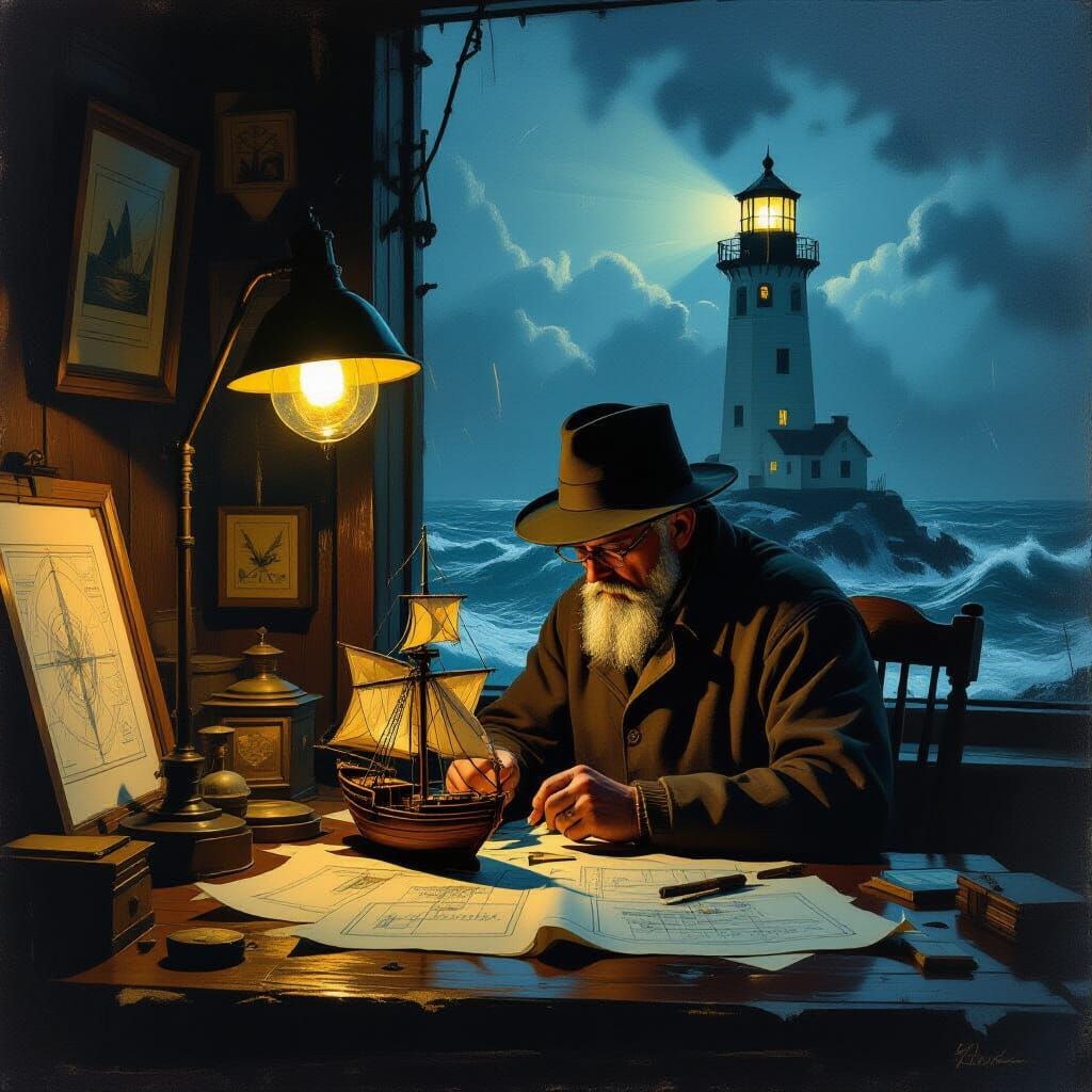 Lighthouse Keeper Carves Ship by Oil Lamp Light