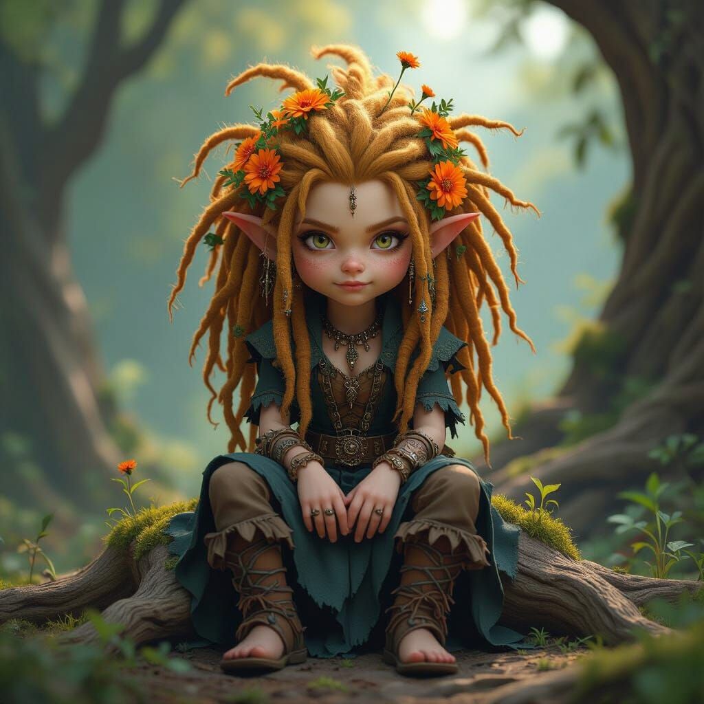 Scary Female Gnome with Flowers and Bugs in Hair