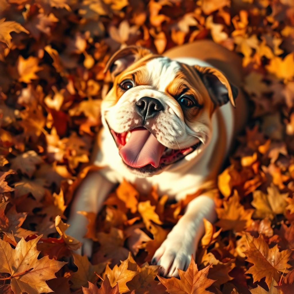 Bulldog Puppy in Autumn Leaves, Impressionistic Style