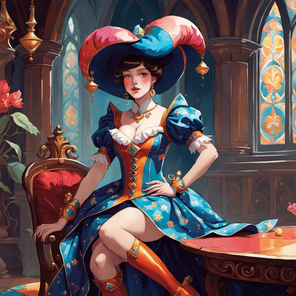 Fantastical Female Jester in Vibrant Renaissance-Inspired At...