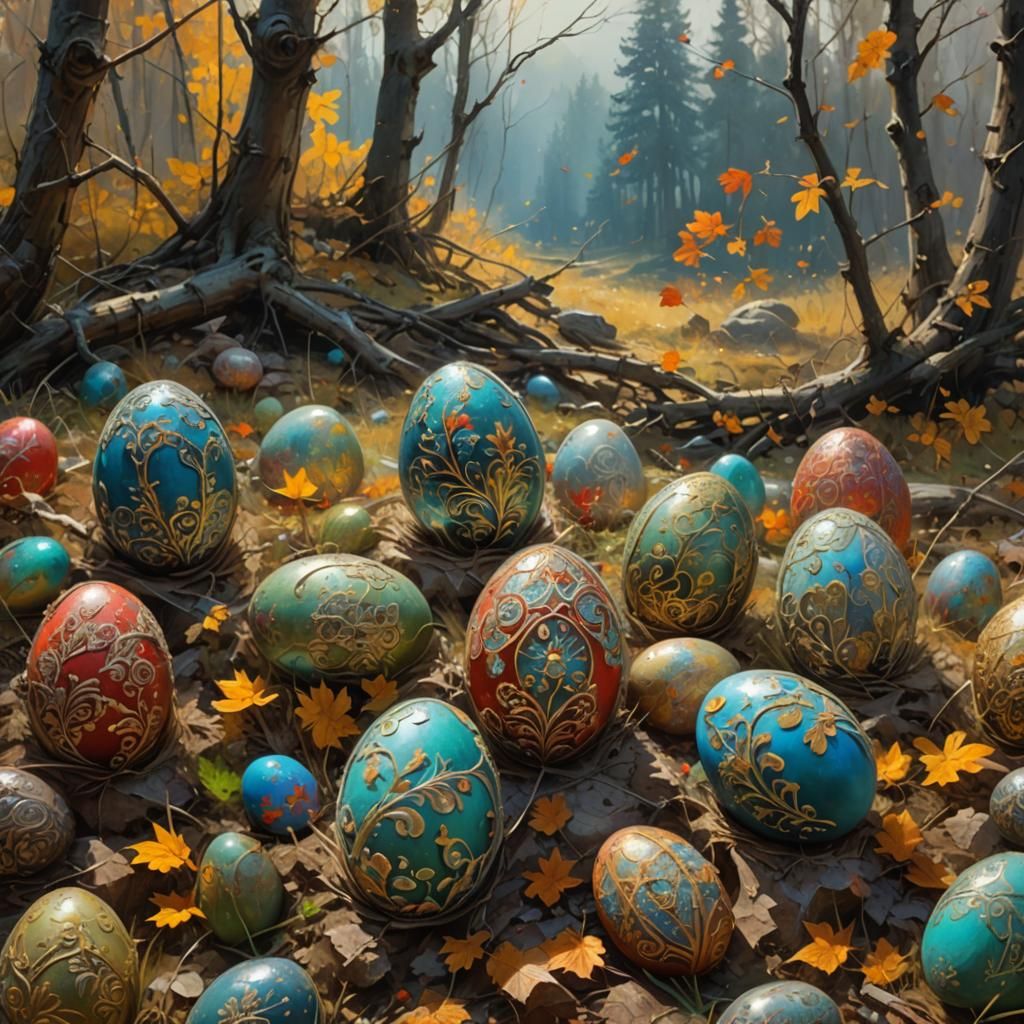Filigree Easter Eggs in Autumn, Fantastical Painting