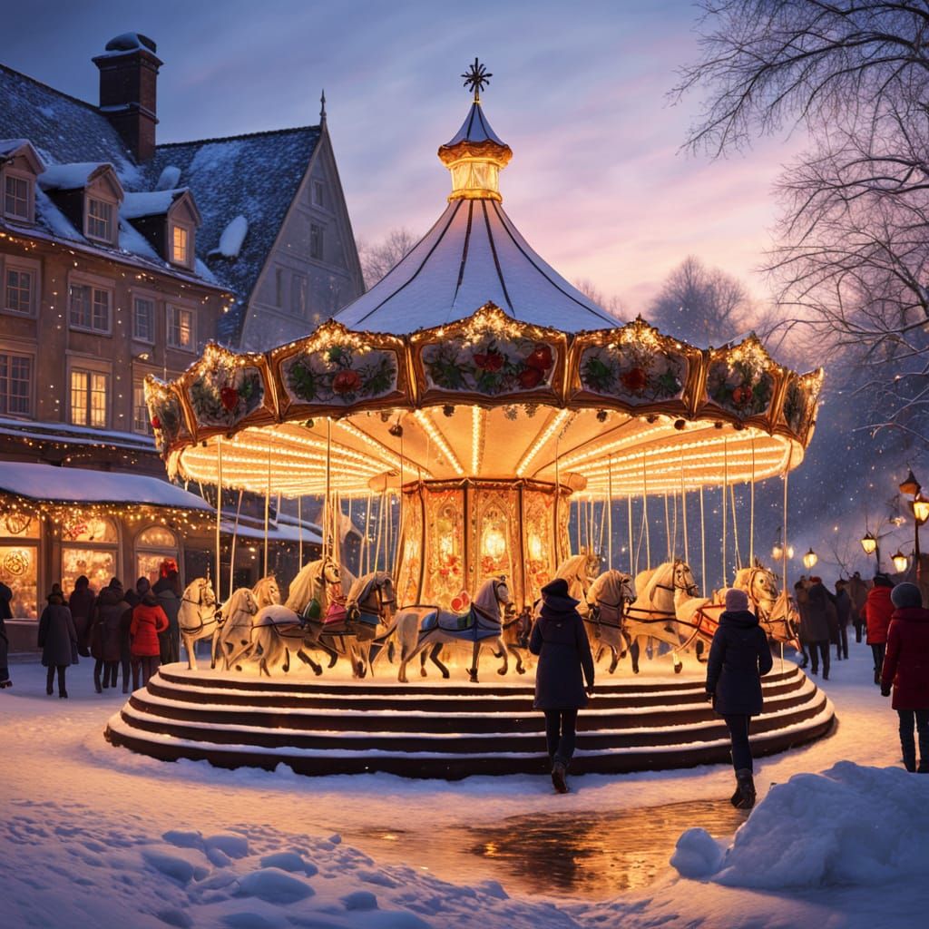 Festive Carousel in Snowy Town Square