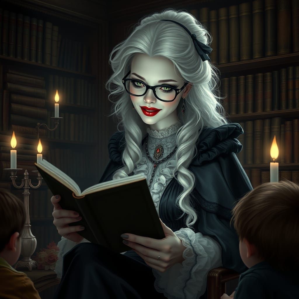 Victorian Vampiress Reading Poetry in Library