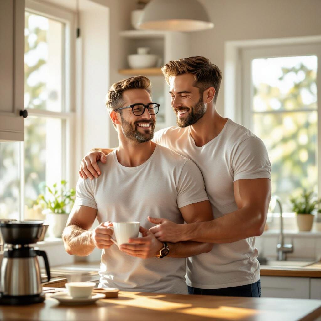 Attractive Men in Sunlit Kitchen