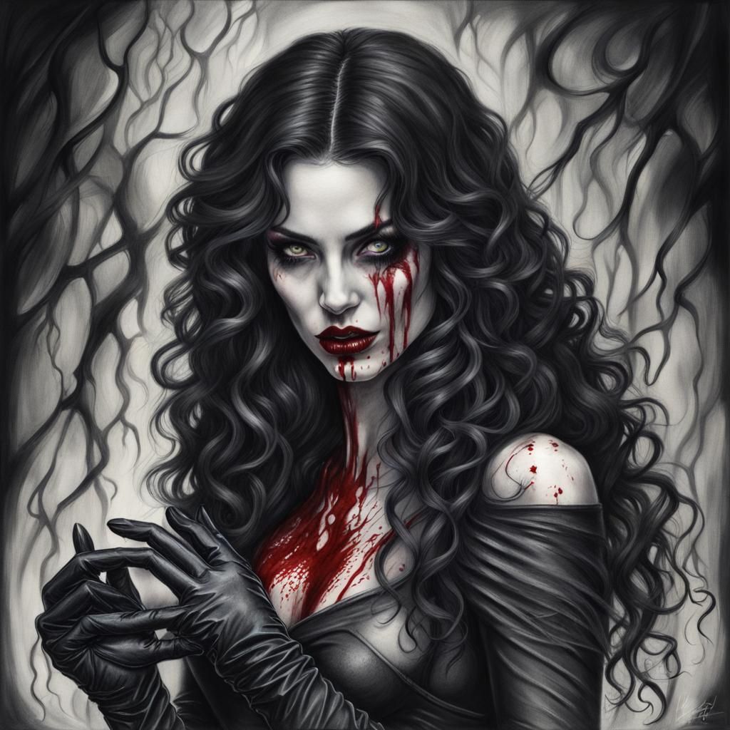 Blood Dripping Vampire in Charcoal Drawing