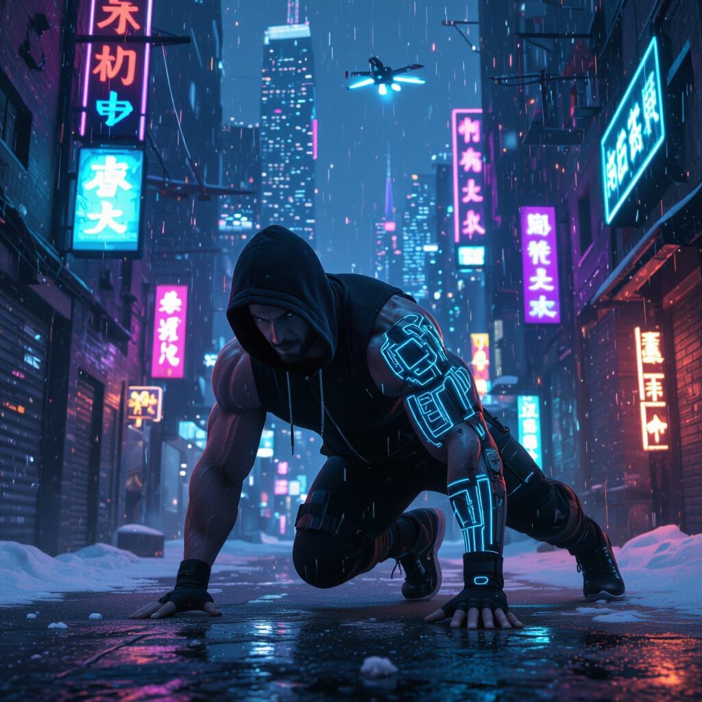 Muscular Man Performs Push-Ups in Snowy Cyberpunk Alley