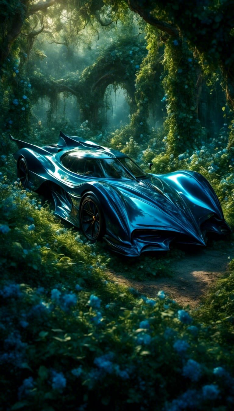 Blue Batmobile in a Breathtaking Fantasy Garden