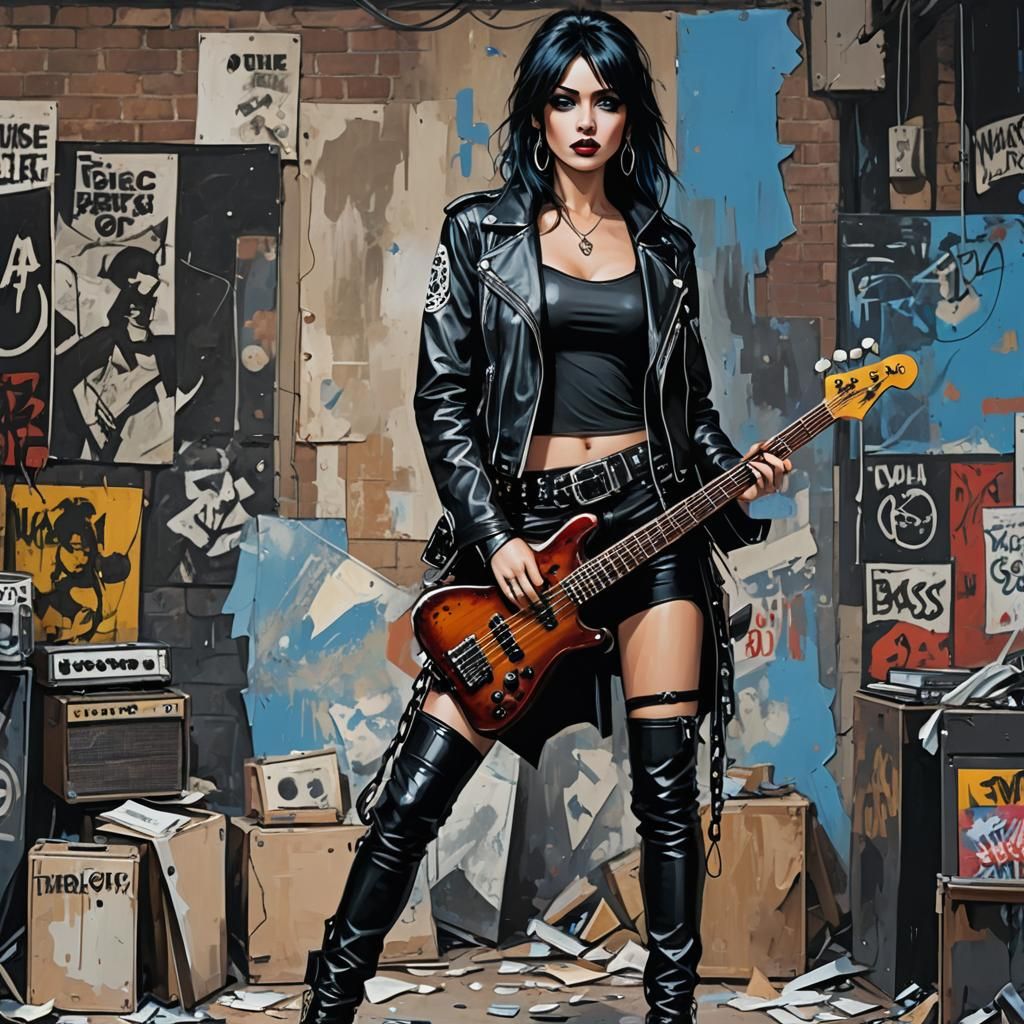 Gothic Girl with Bass Guitar in Pop Art Style