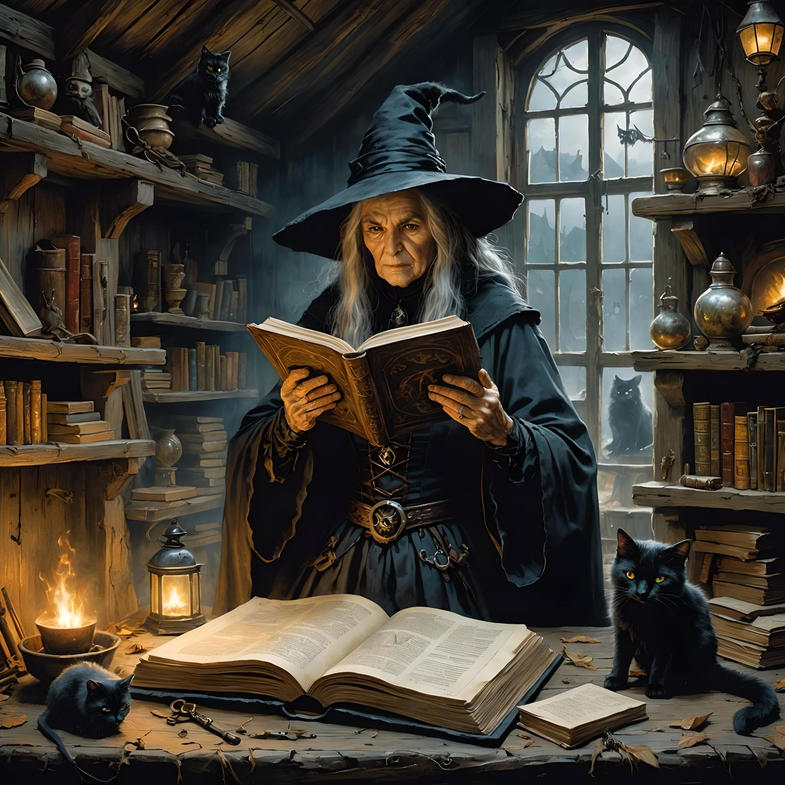 Elderly Witch Reading Tome: Dark Fantasy Illustration