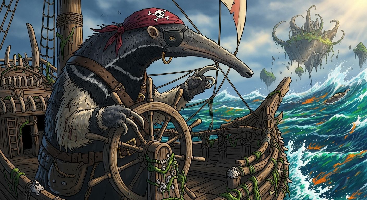Anteater Pirate Captain Navigating a Turbulent Sea