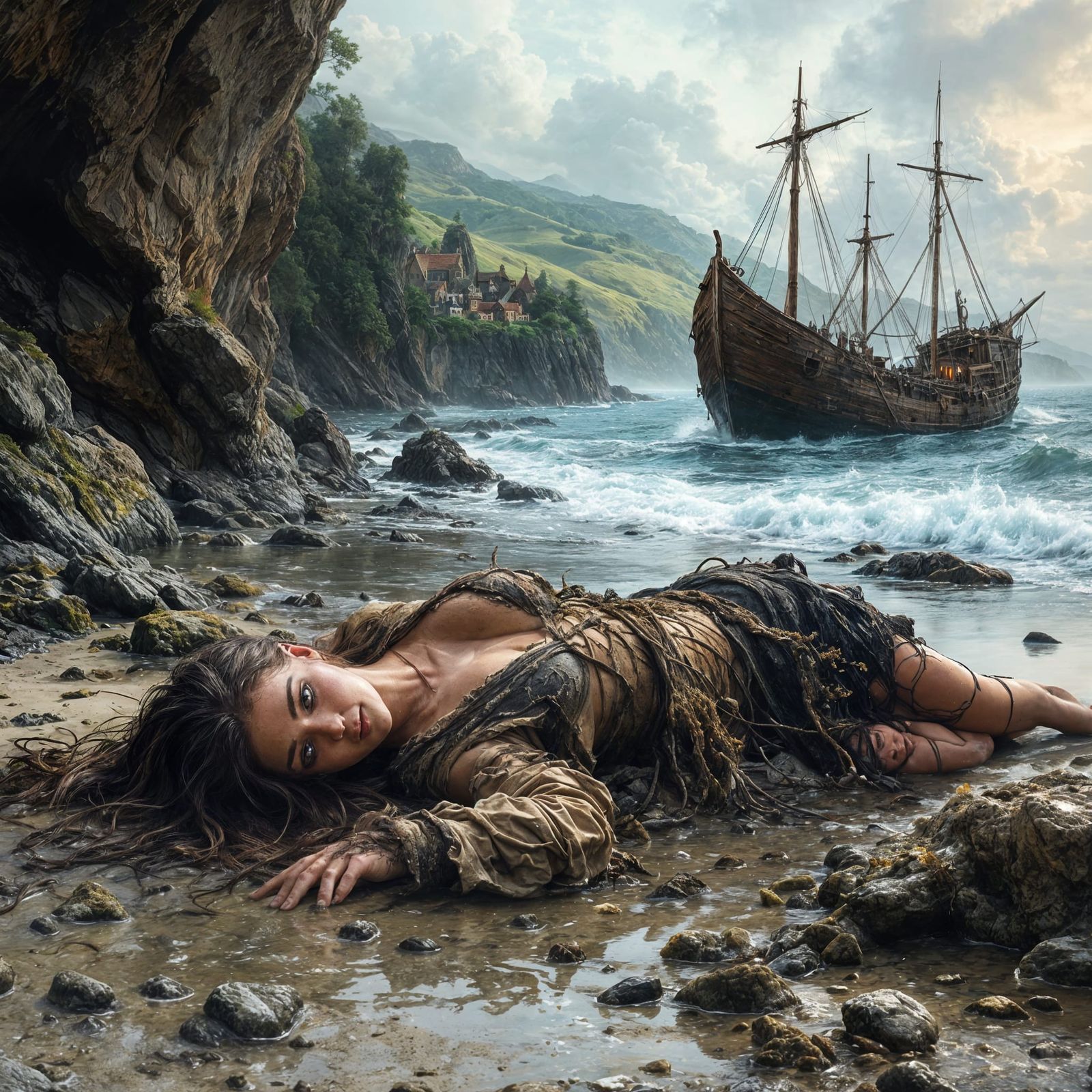 Freckled Maiden Washed Ashore in a Devastated Landscape