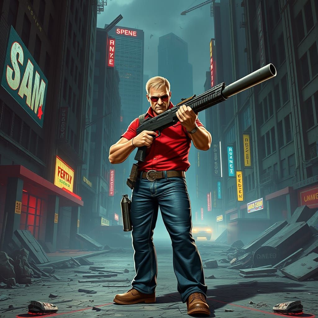 Duke Nukem in Ruined City, Cyberpunk 3D Render