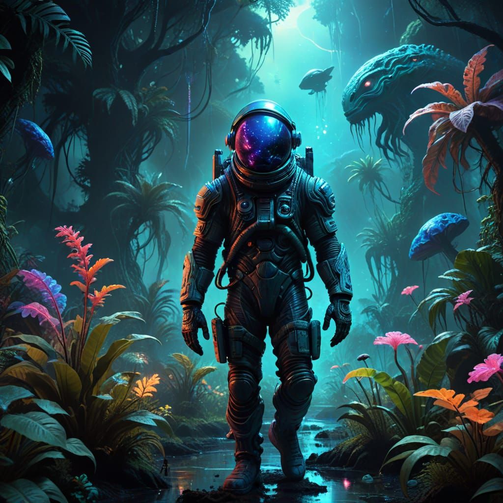Astronaut Explores Alien Jungle in Surreal Neon Style