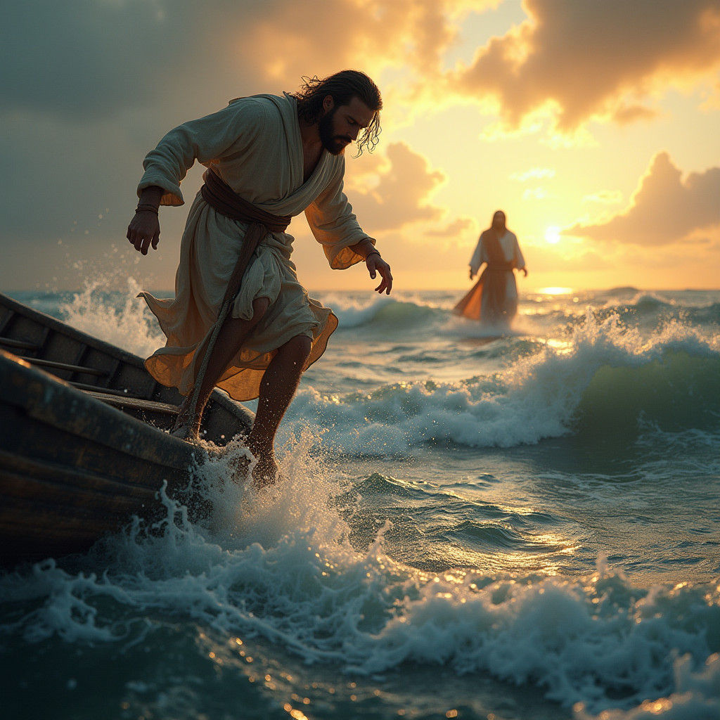 Peter Walks on Water in Hyperrealistic Style