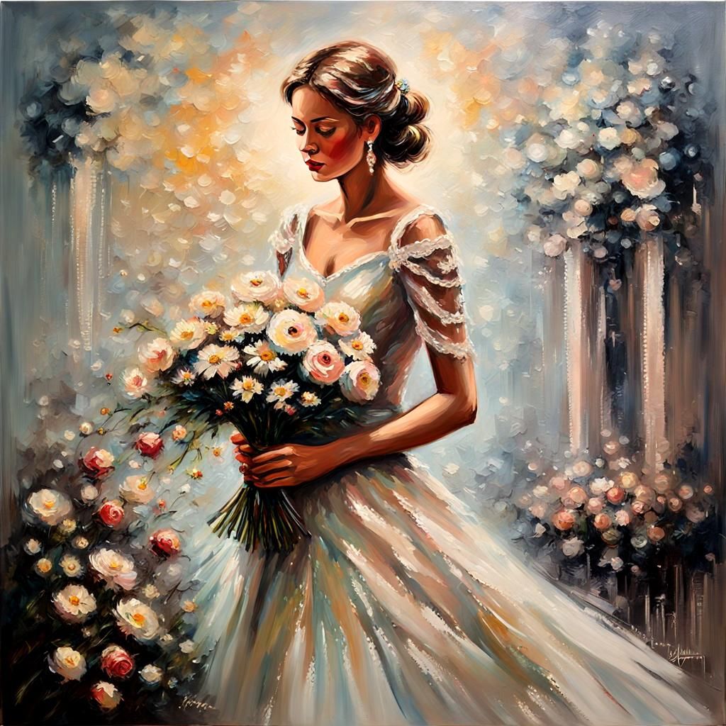 Impressionistic Bride with Roses and Daisies