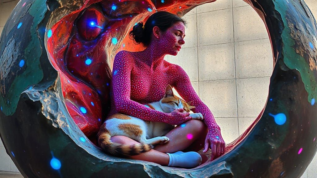 Sculptor Inside Abstract Art Piece with Bioluminescent Oasis