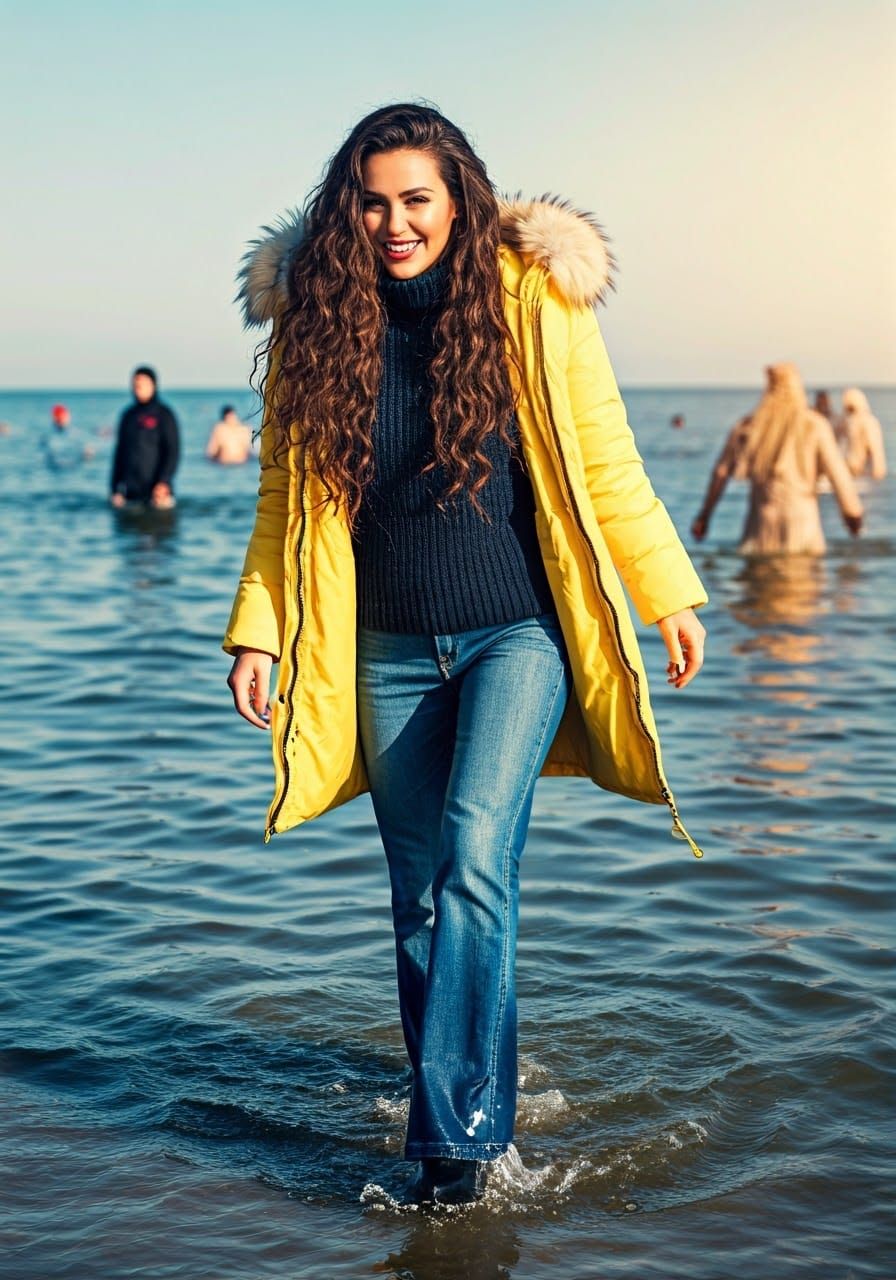 Sultry Brunette Surfs with Polar Bears in Vibrant, Sun-Kisse...