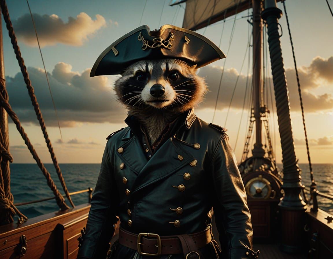 Racoon Pirate on Deck During Golden Hour