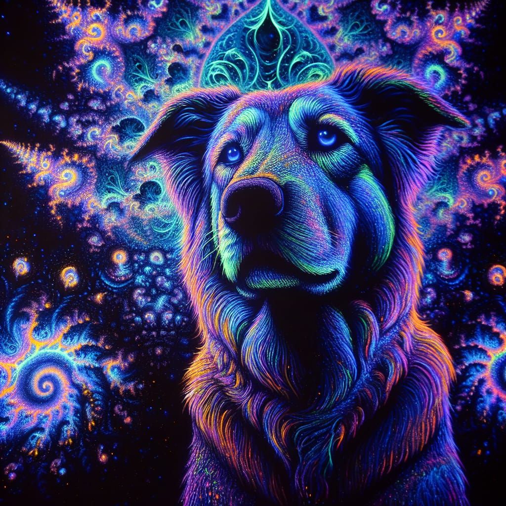 Blacklight Dog Portrait in Fractal Space with Glowing Pen Ar...