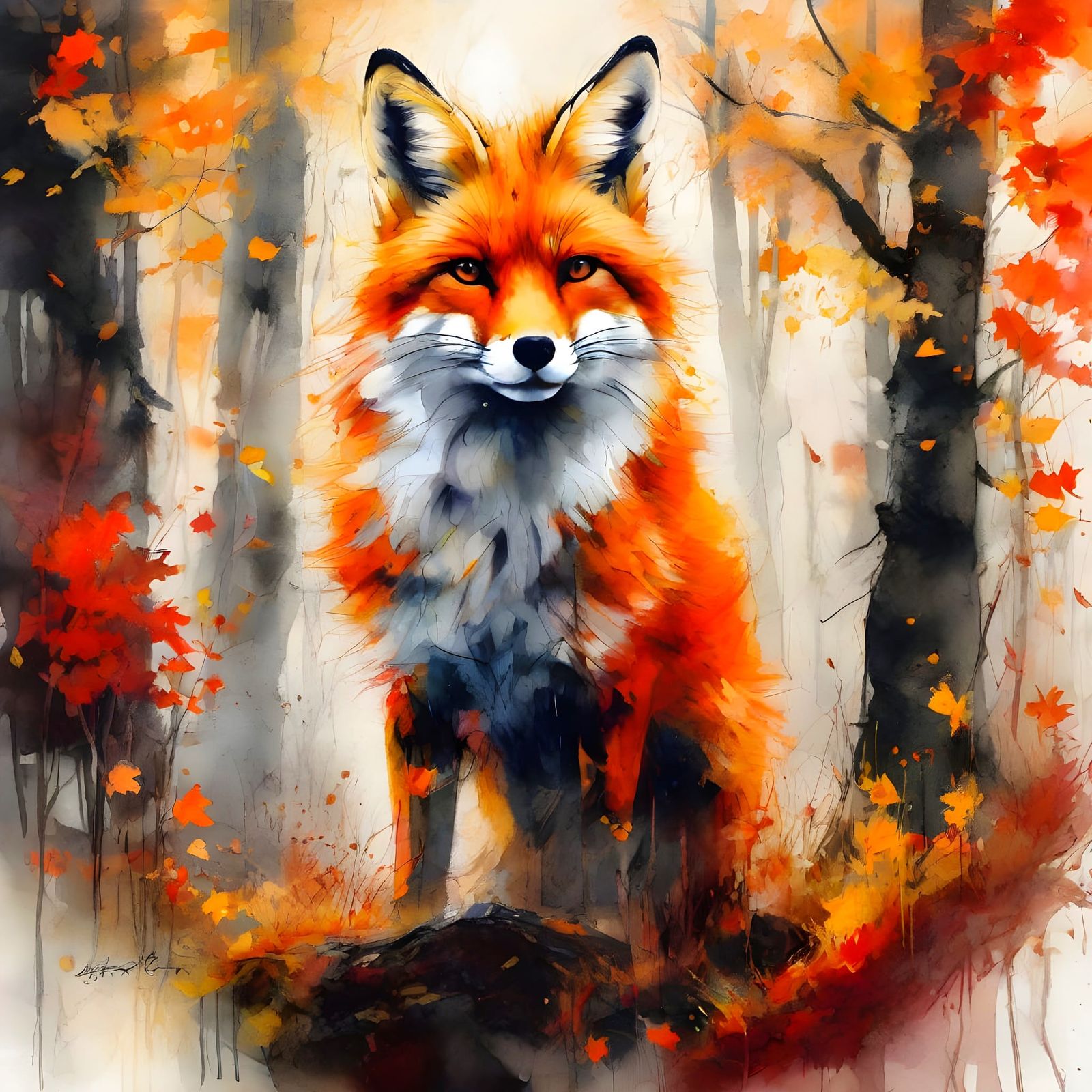 Fluffy Fox in Autumn Forest, Watercolor Painting
